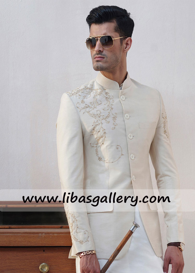 IVORY RAWSILK HAND EMBROIDERED PRINCE COAt for wedding and barat event for man New York City Buffalo USA