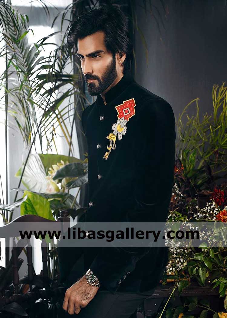 Black Velvet Prince coat for groom with embroidery motif