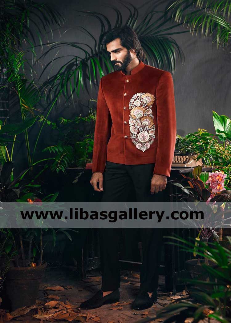 velvet prince jacket for groom with big Motif on left panel by resham thread available to ship with pants to UK USA UAE