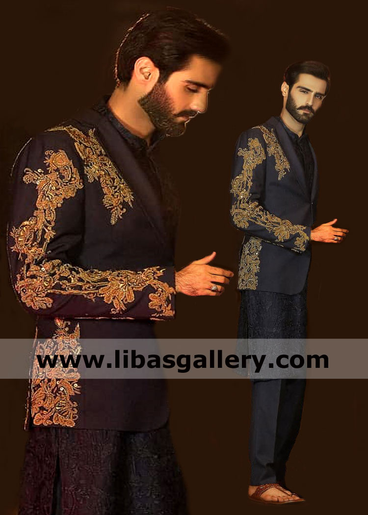 hasnain lehri showing stylish antique goldhand embellished prince coat with embroidered kurta matching for day dreamer groom dubai qatar saudi arabia