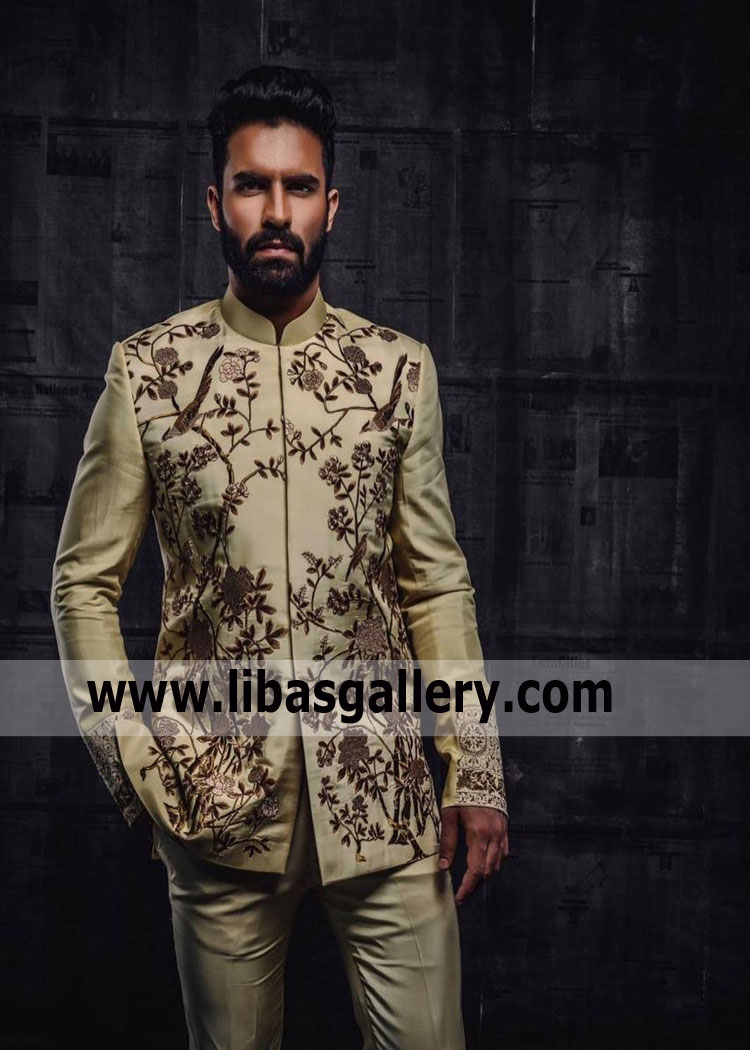 groom prince coat embroidered article for nikah walima flower tree stem leaf bird design embroidery on coat raw silk saudi arabia uk usa