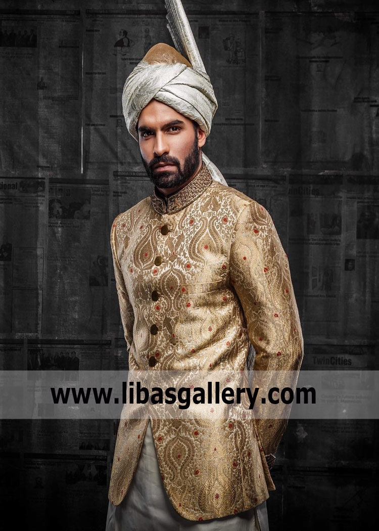 Mind Blowing Golden Jamawar Groom Prince Coat Design