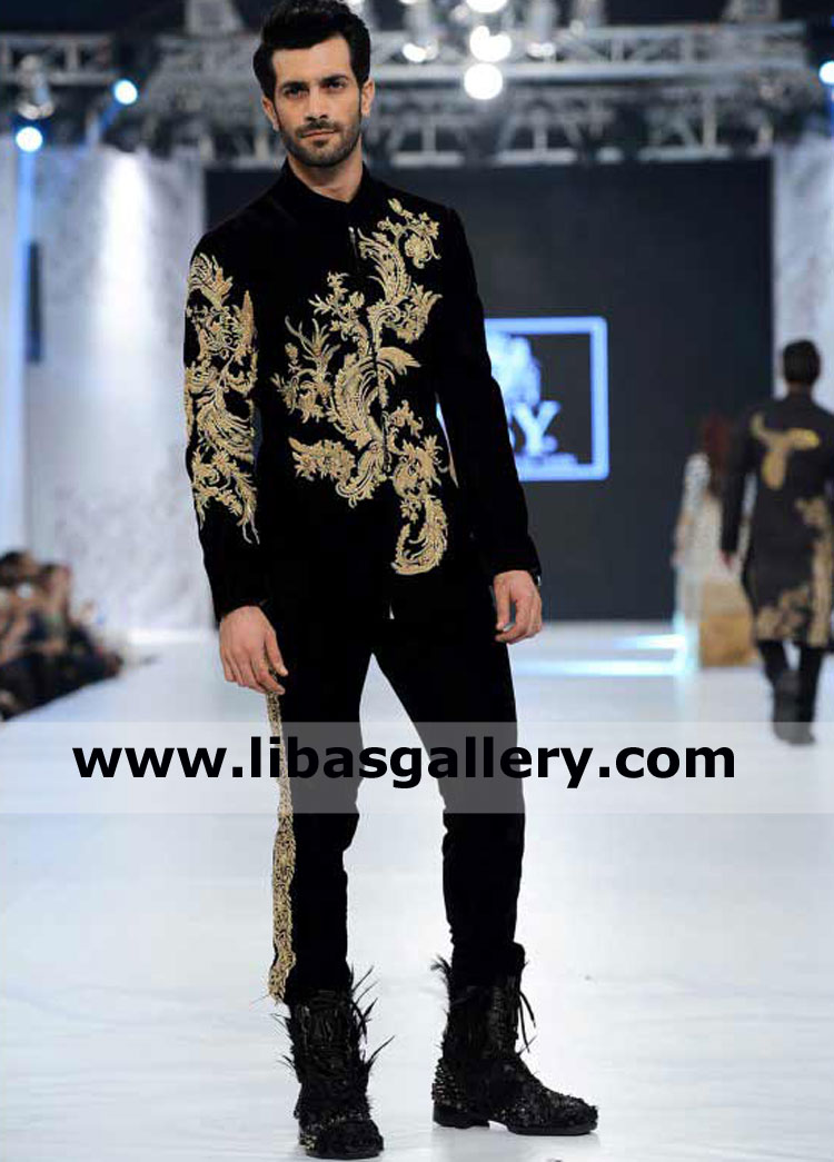 shahzad noor on ramp in gents velvet prince coat hand embellished front and sleeves portion with pants for walima and mehndi event qatar usa france