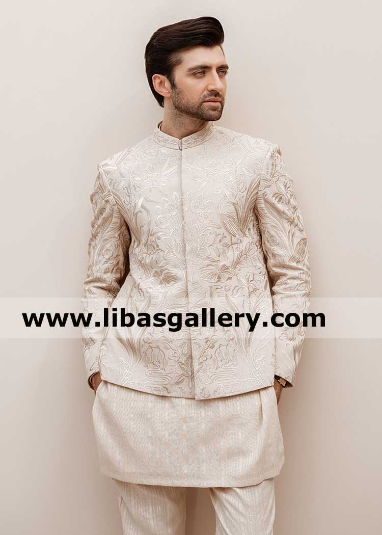 Floral pattern man nikah barat prince jacket in beige color