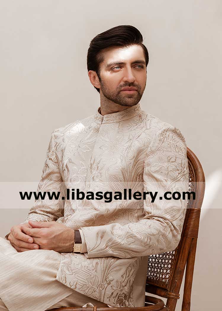 Floral pattern man nikah barat prince jacket in beige color