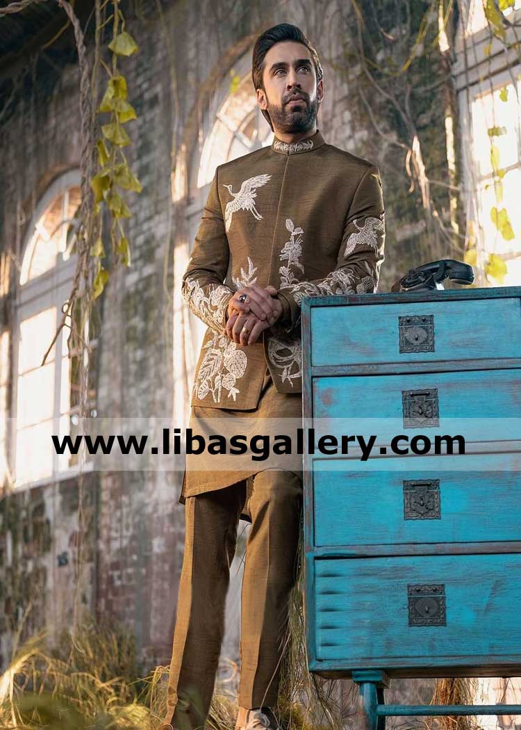 Reserved man in dark shade embroidered prince coat