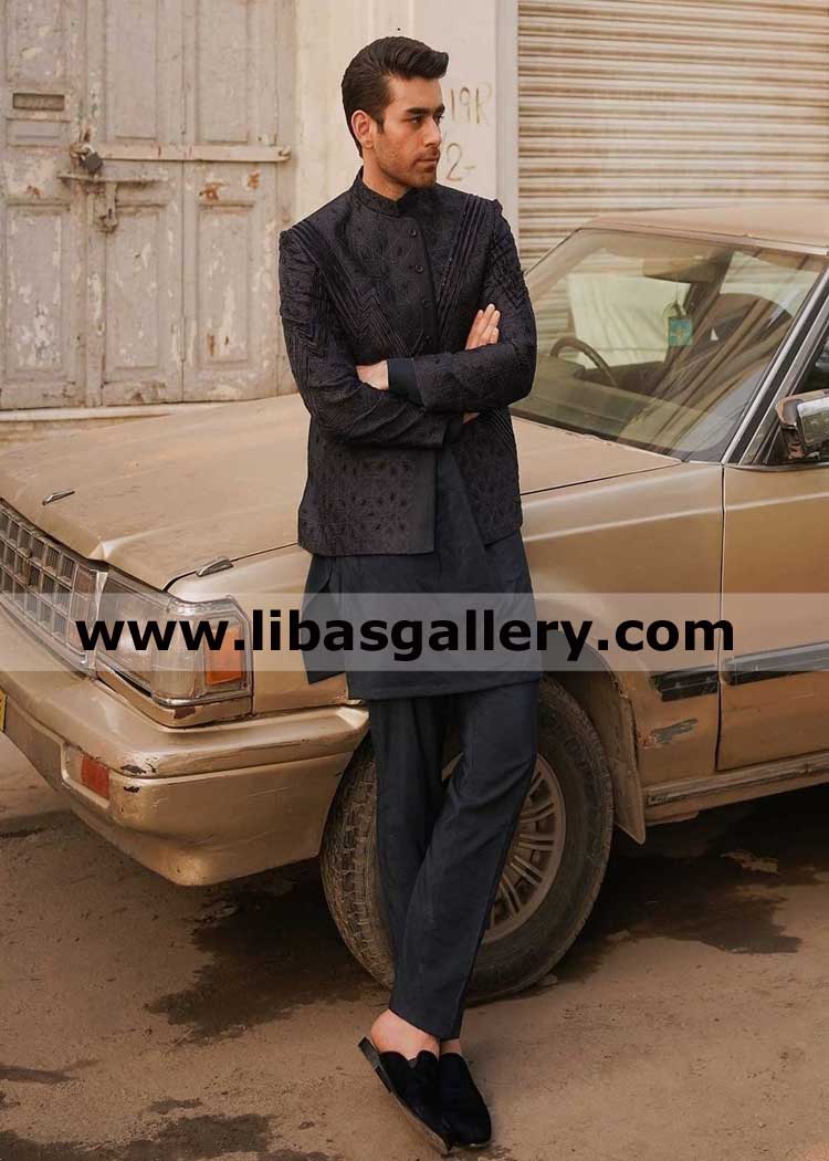 Mid night blue self embroidery groom prince jacket for barat mehndi nikah walima event Inspired By Art Deco uk usa qatar