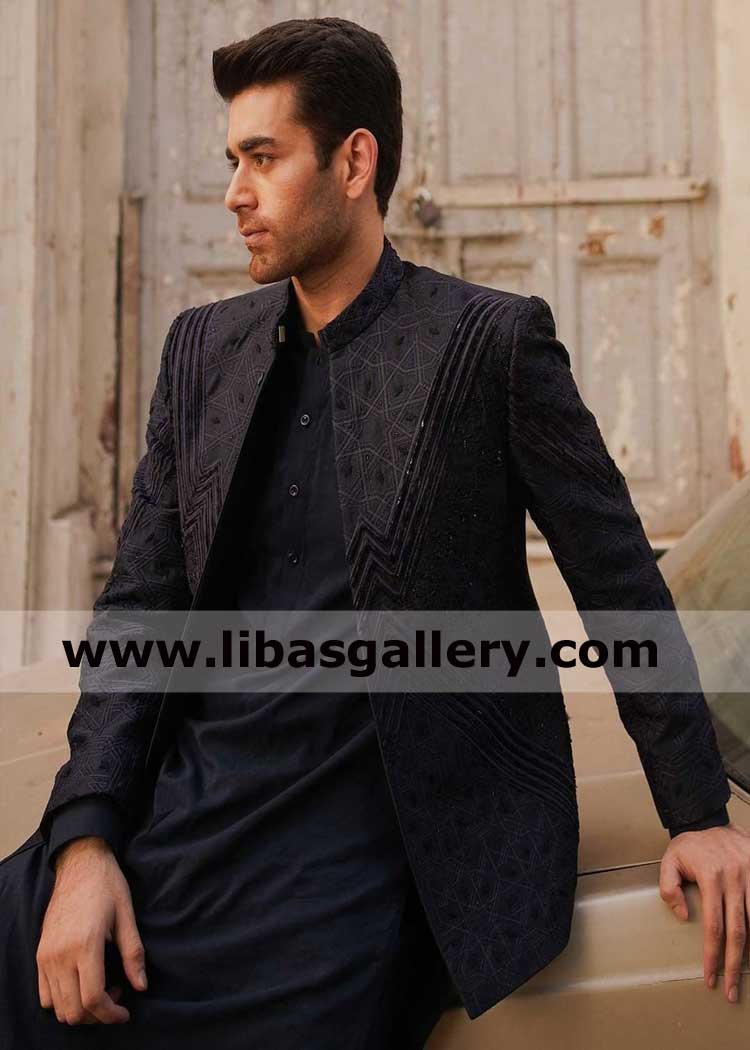 Mid night blue self embroidery groom prince jacket