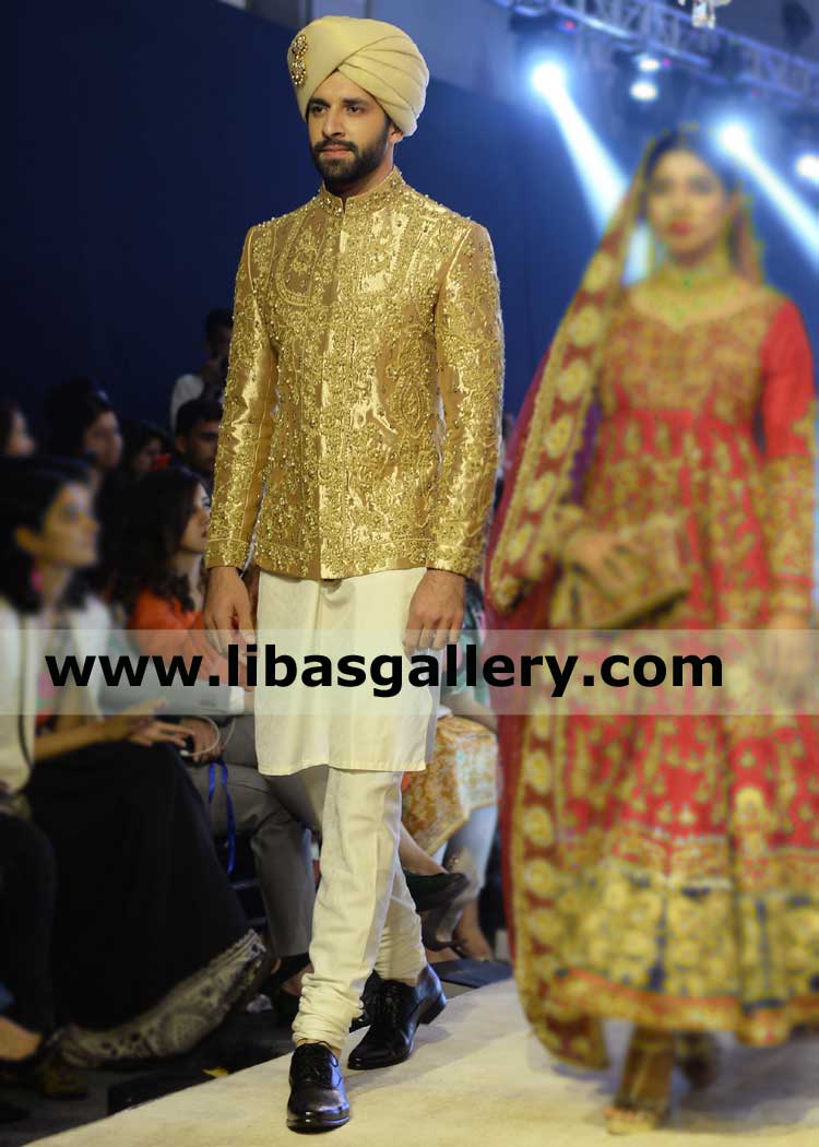 Gold embellished groom nikah barat prince coat article royal style with kurta pajama suit square daman tajikistan tanzania thailand