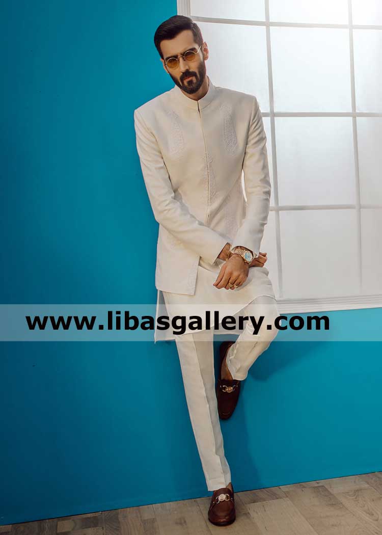 Formal White Prince Coat With Delicate Embroidered Motifs In Self