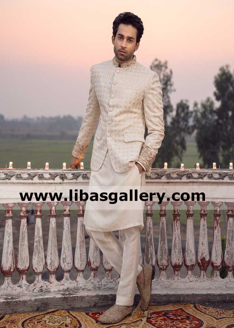 Embroidered hand crafted prince suit bilal abbas advertising grand nikah barat wedding man prince coat bahrain belgium cyprus