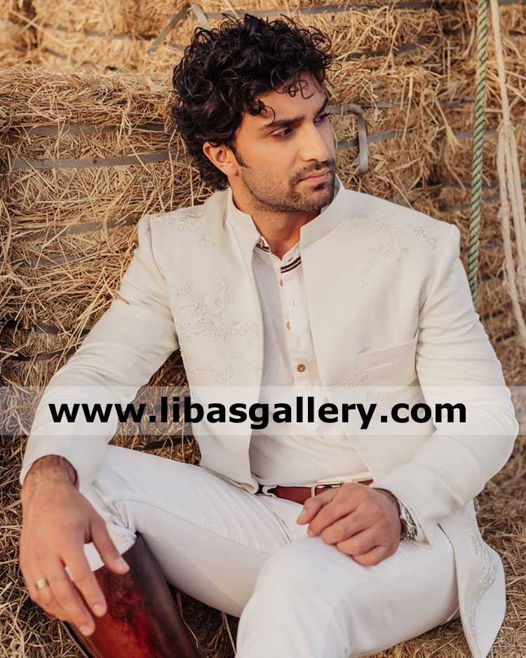 White embroidered gentle man open wedding and occasion jacket