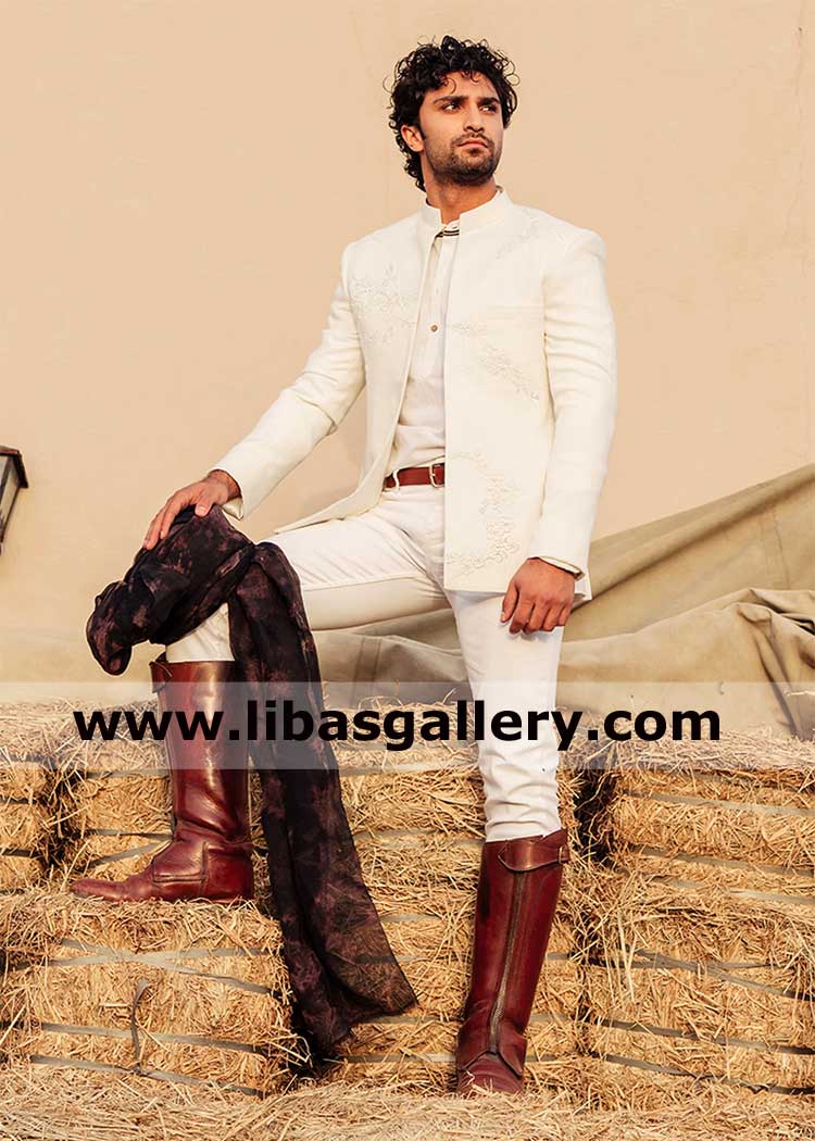 White embroidered gentle man open wedding and occasion jacket