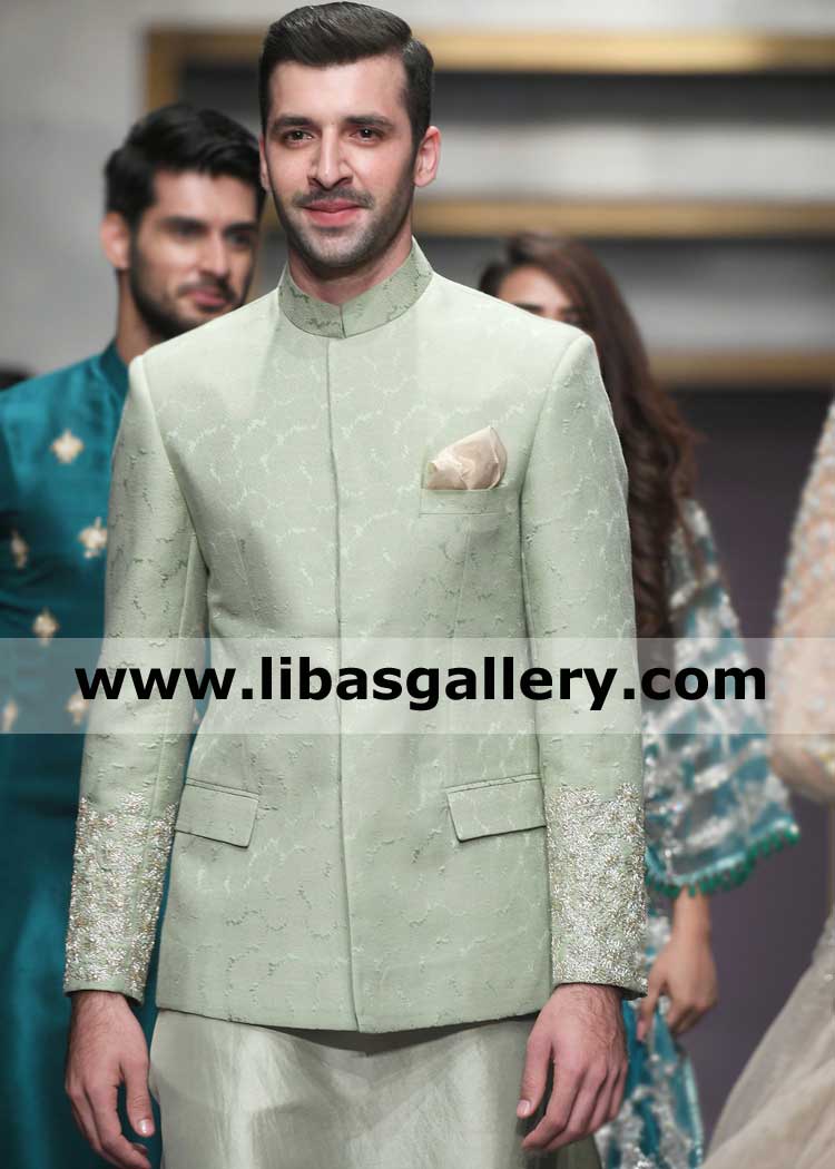 Silver gold embellished Grape Green Wedding Prince Suit