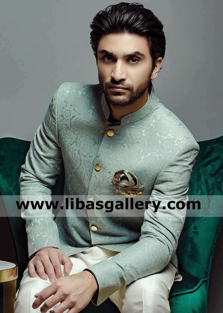 self embossed material cotton krandi ice blue prince coat for man all event coverage paired with kurta trouser fast delivery oman kuwait qatar uae