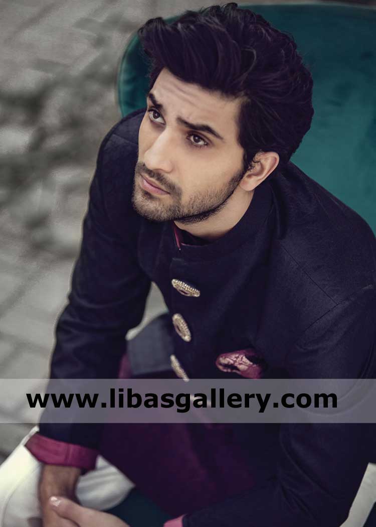 custom made Black stylish gents prince suit with plum inner kurta