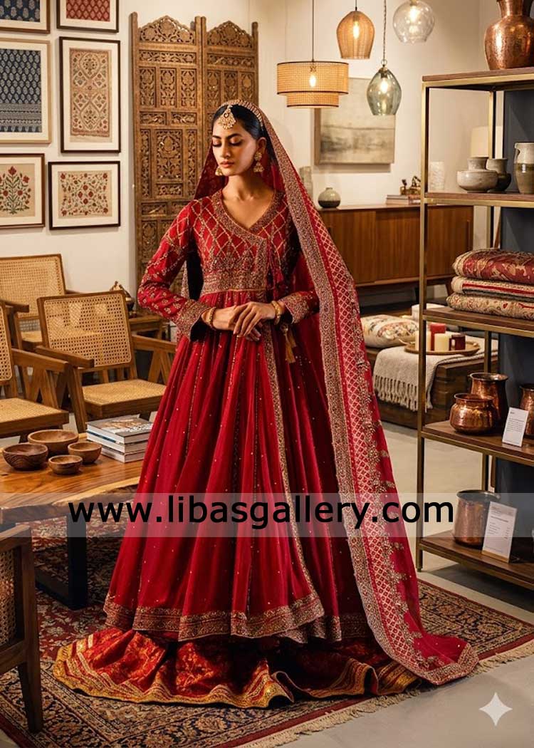 Angrakha style bridal dress in red heavy hand embellished Kora Dabka Zardozi work Banarsi lehenga Nikah Barat latest Red lehengas