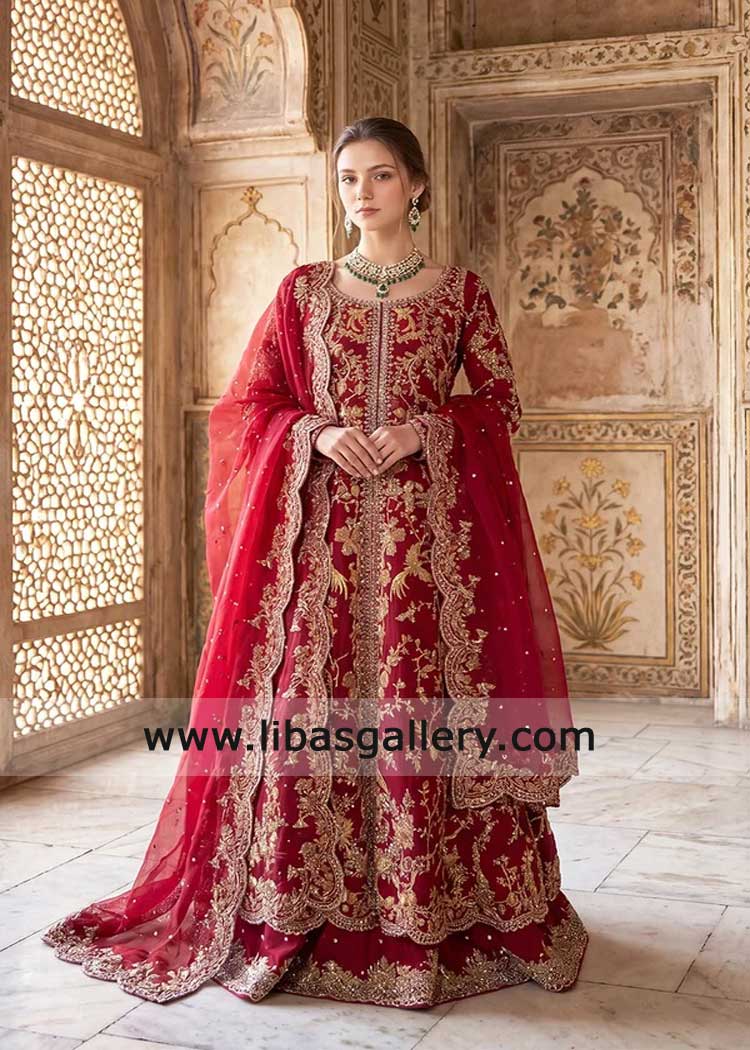 Red Kalidaar Bridal Dress Zardozi with Lehenga