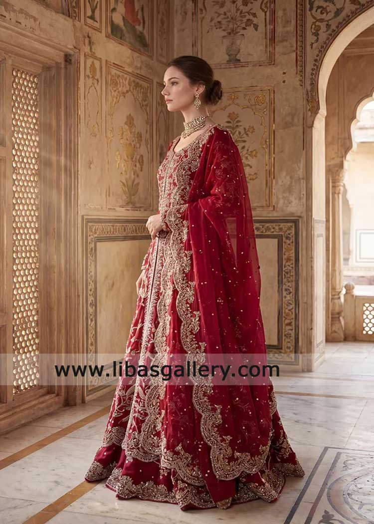 Red Kalidaar Bridal Dress Zardozi with Lehenga