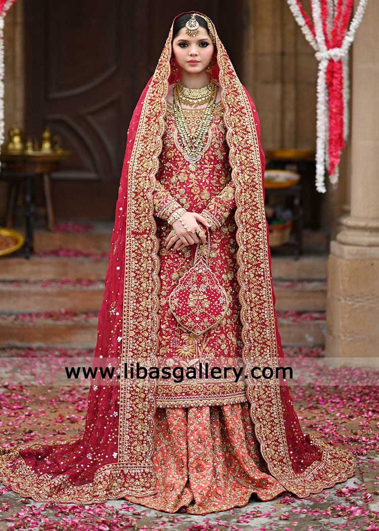 Red Bridal long Shirt with Jamawar Farshi Gharara-Royal Nikah outfit Red Bridal long Shirt with Jamawar Farshi Gharara-Royal Nikah outfit