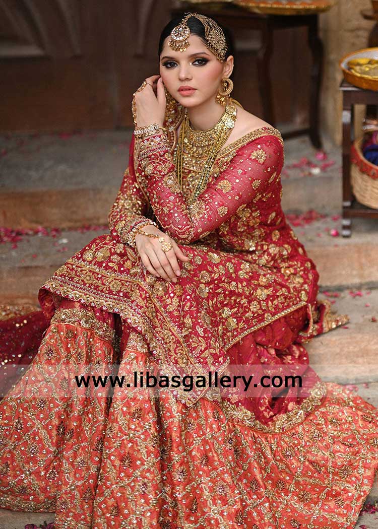 Red Traditional Bridal Shirt with Jamawar Farshi Gharara