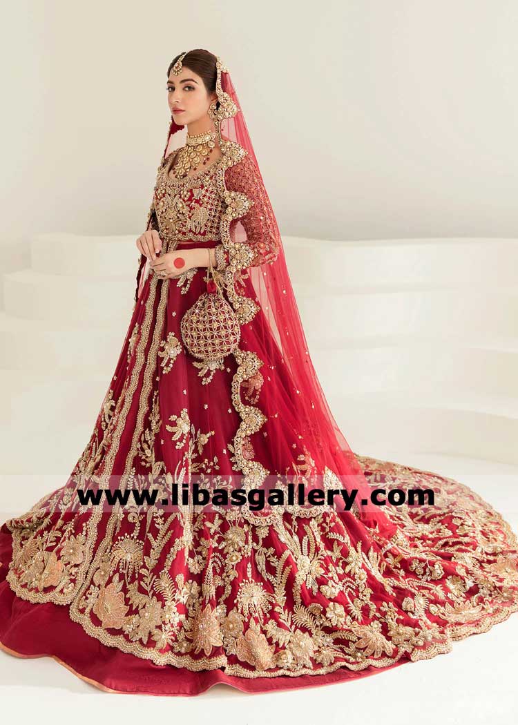 Red Bridal Peshwas Lehenga with Floral hand Embellishments