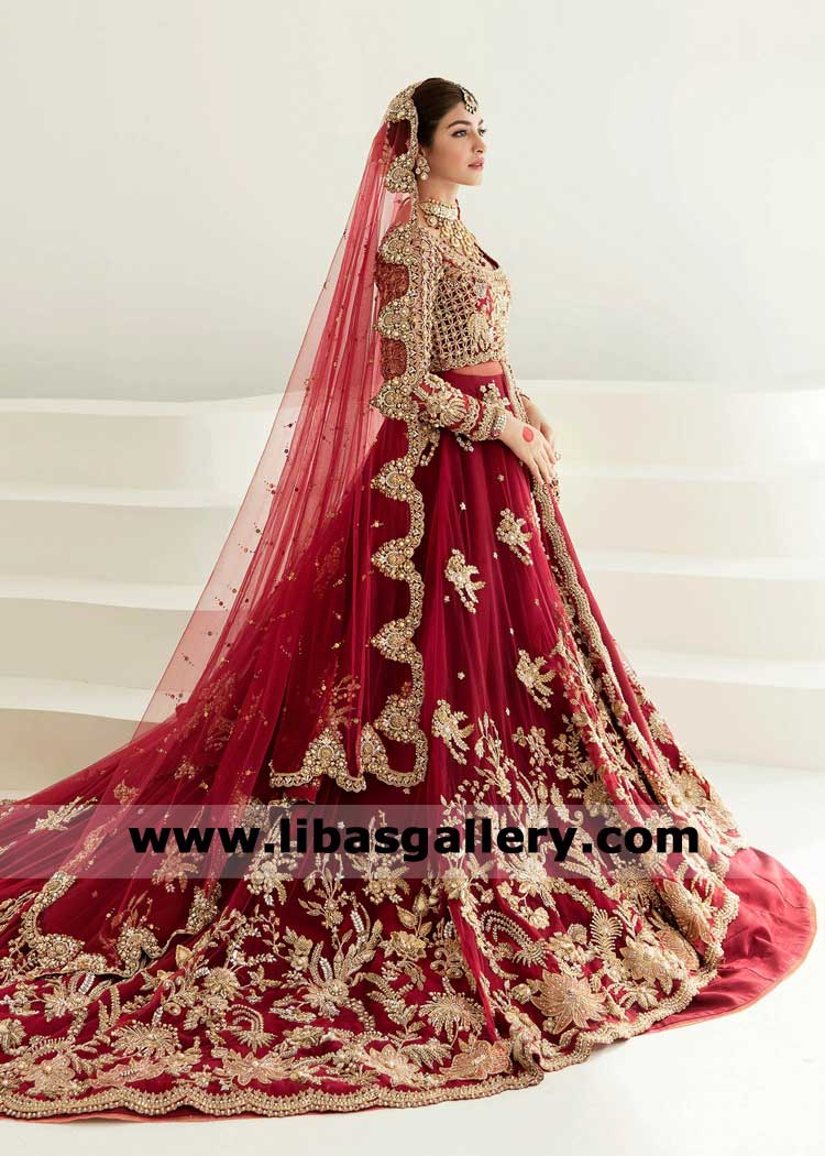 Red Bridal Peshwas Lehenga with Floral hand Embellishments