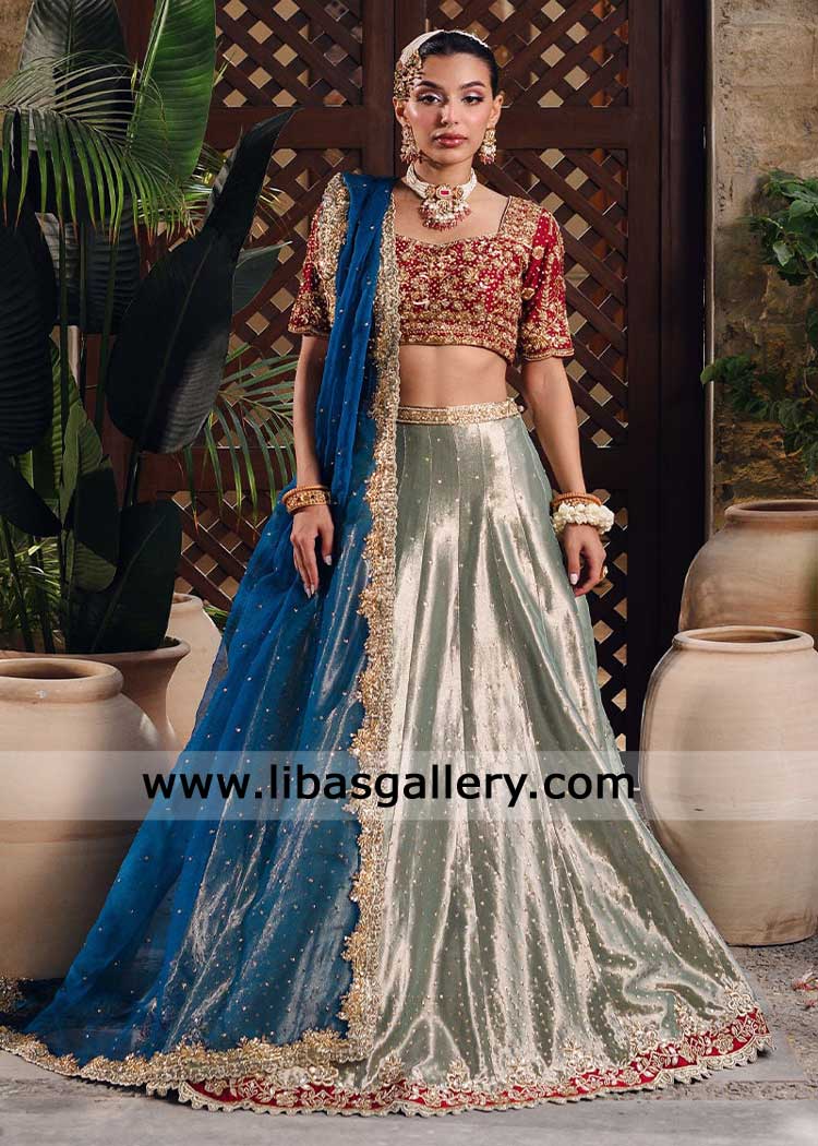 Red Choli with Mint Lame Lehenga Scalloped Border