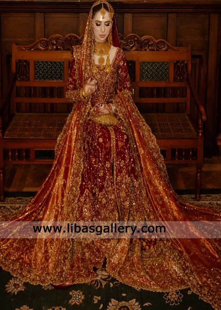 Traditional Red Bridal Dress with Farshi Lehenga for Wedding