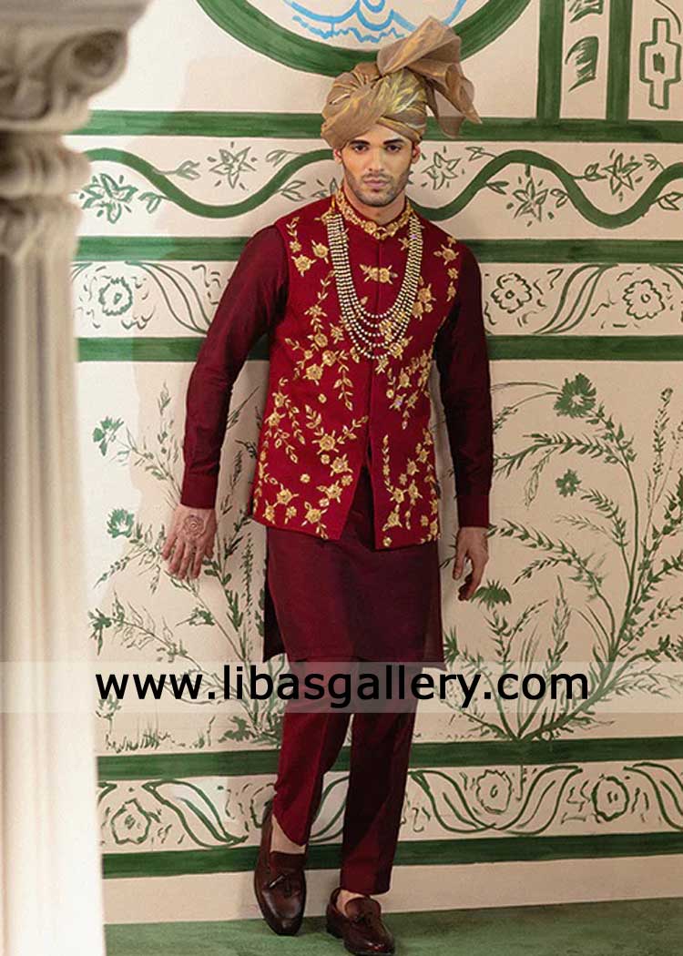 Deep Red Gold Embroidered Groom Waistcoat