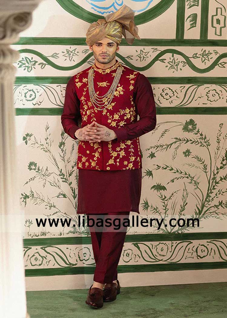 Deep Red Gold Embroidered Groom Waistcoat