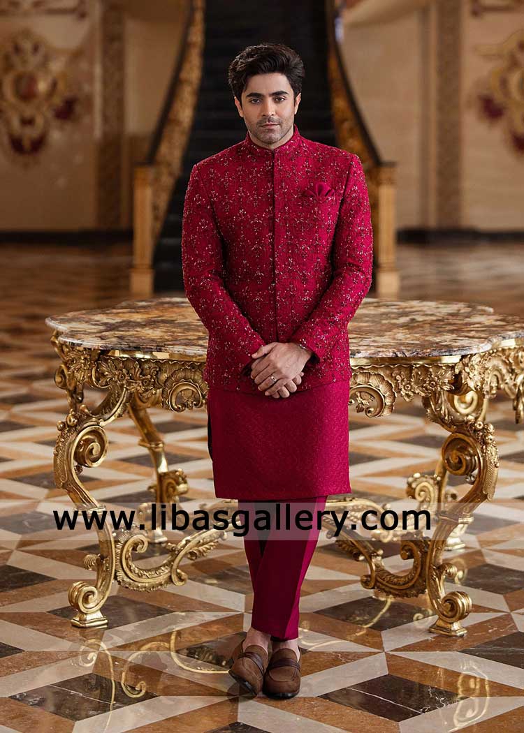 maroon wedding prince coat for groom UK USA Coat crafted by premium raw silk hand embellishment Red prince coat for wedding with pants