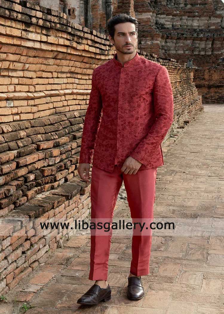 Brick red Tonal Embroidered Groom Prince Coat