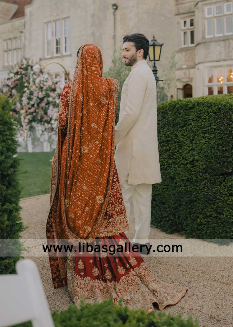 Traditional Farshi Bridal with Trail and embellished Dupatta