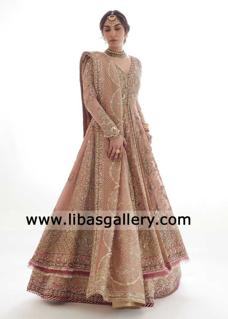 Bridal luxury Peshwas Rose gold with Lehenga Sugarland TX USA Kalidar women Silk hand embellished Lehenga Net Handwork Dupatta