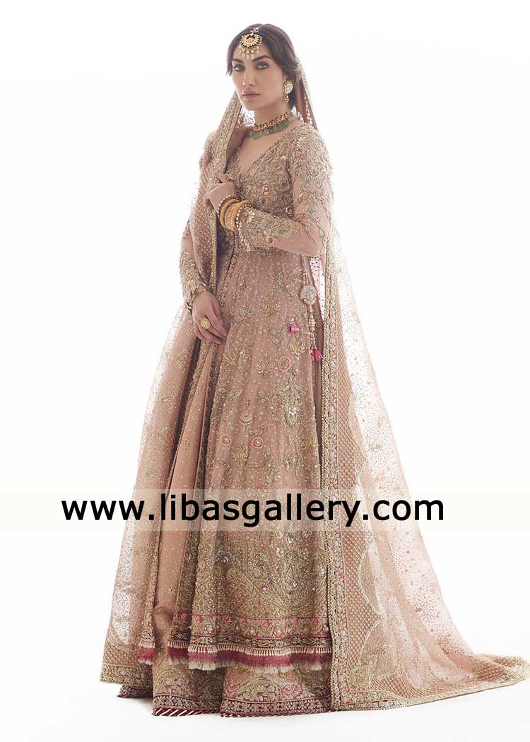 Luxury Rose Gold Bridal Peshwas with Lehenga