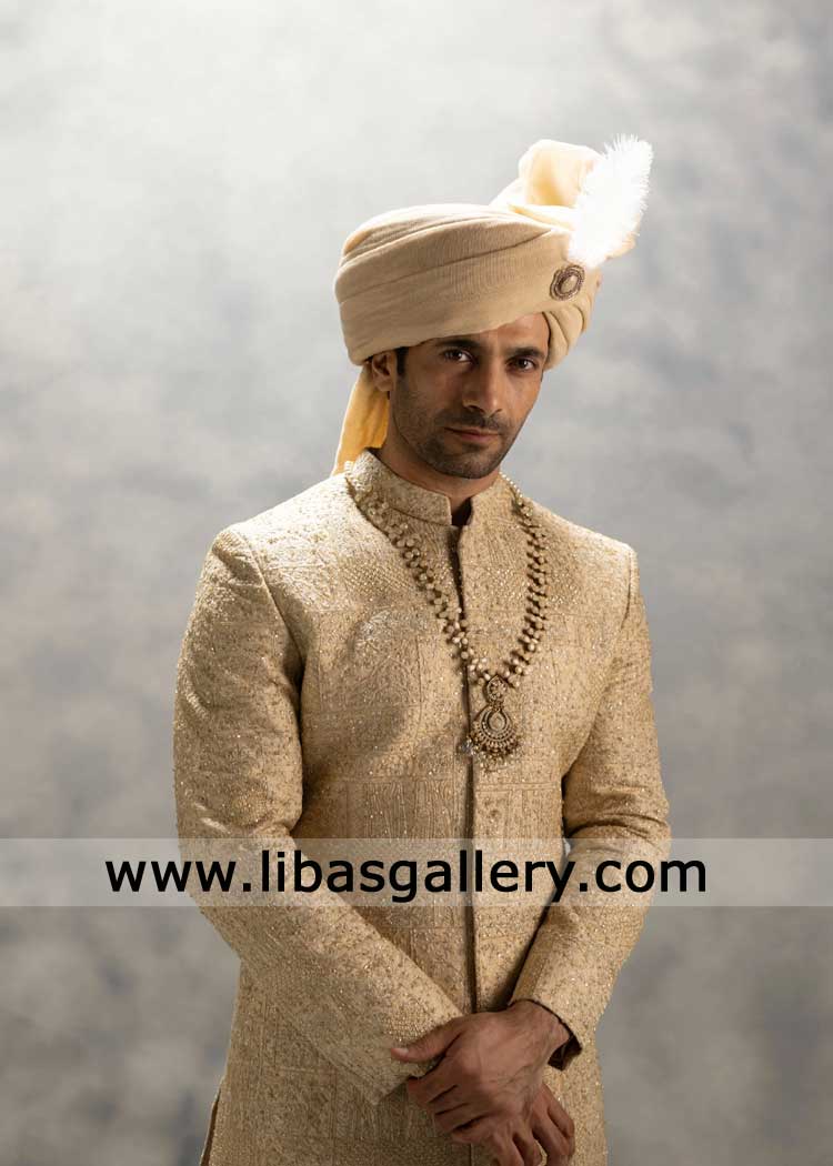 Royal Beige Wedding Sherwani Heavy Embellished for Groom