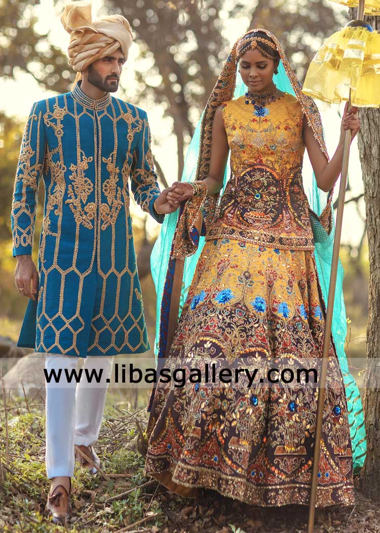 Royal Blue Sherwani with Gold Hand Embellishment