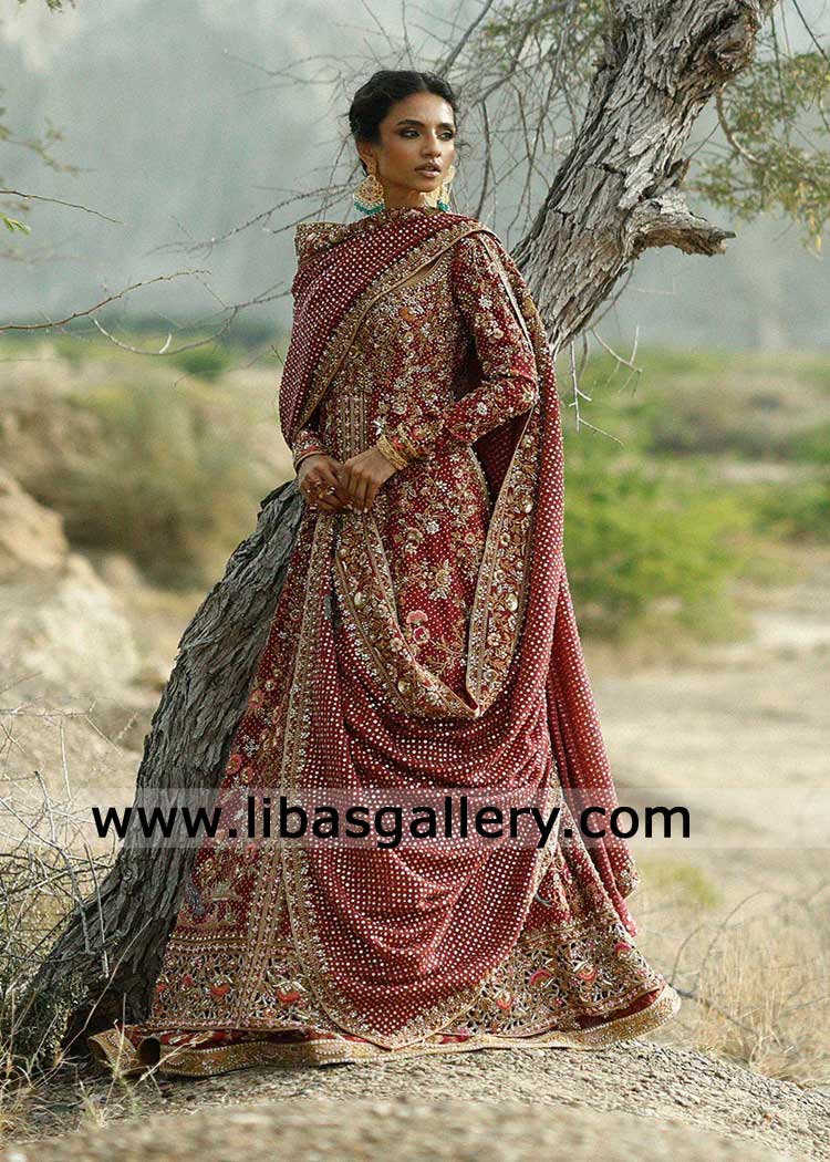 Carmine bridal Peshwas with luxury brocade lehenga Illinois USA Pakistani bridal lehenga dress Traditional Crimson bridal lehenga The Queen bridal gown and lehenga