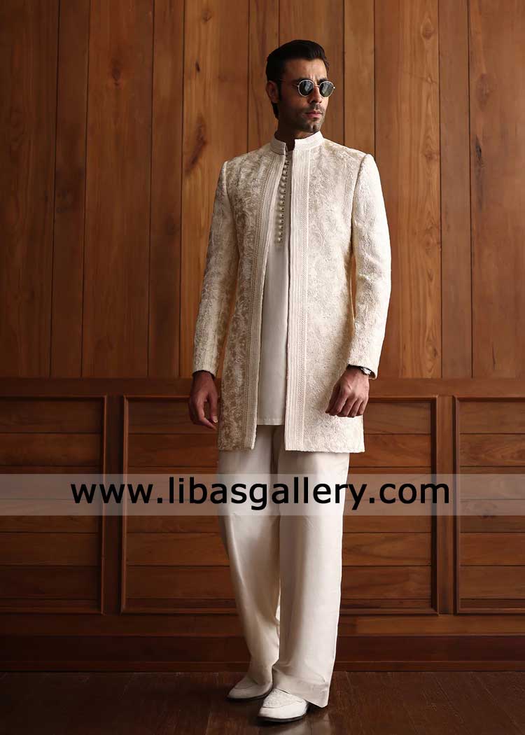 Beige Designer prince coat with luxury embroidery design in open style for groom paired loop buttons kurta trousers