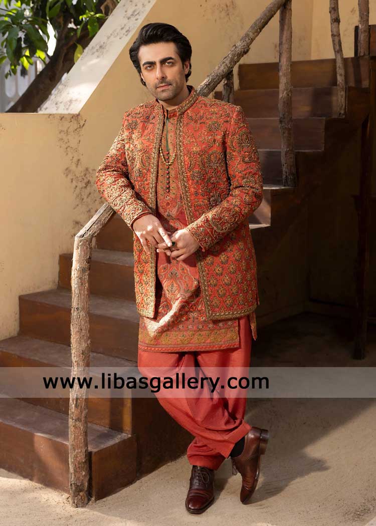 Rust Nikah Sherwani London UK with Antique Embroidery and kurta