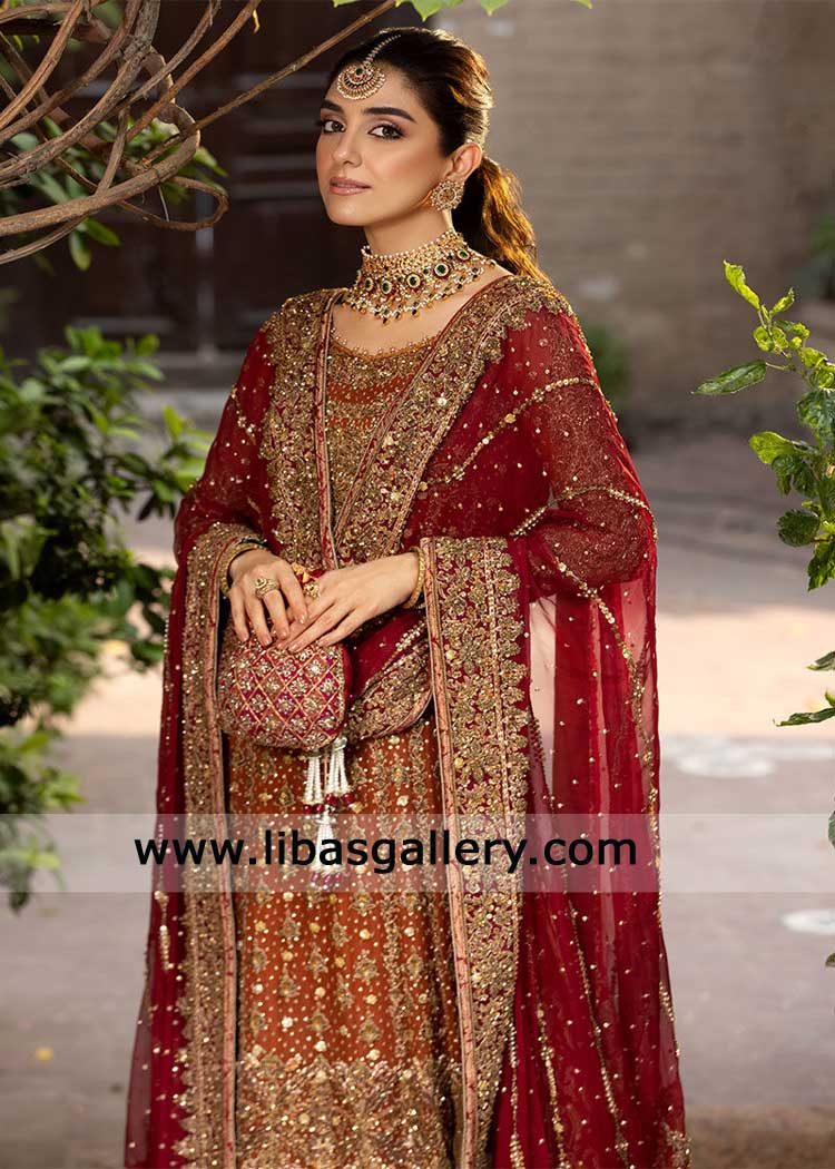 Rust Chiffon Panelled Shirt with Red Jamawar Lehenga