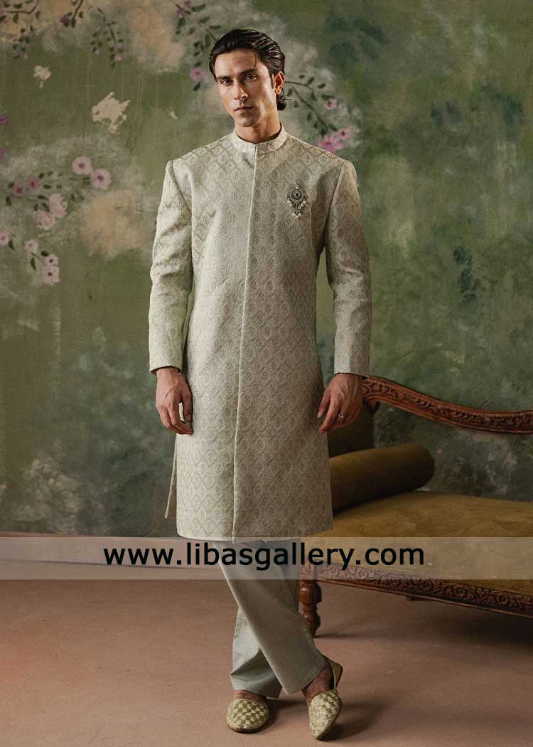 Sage Green Embroidered Jamawar Groom Sherwani
