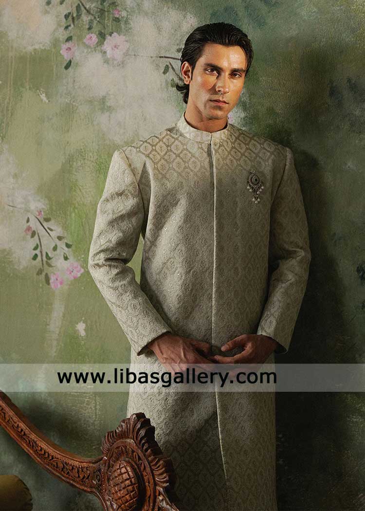 Sage Green Embroidered Jamawar Groom Sherwani