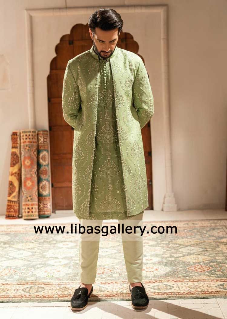 Sage green Open hand embroidered Groom Wedding Sherwani