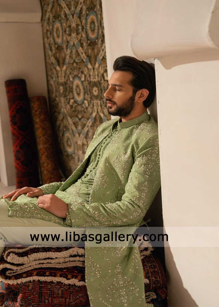 Sage green Open hand embroidered Groom Wedding Sherwani