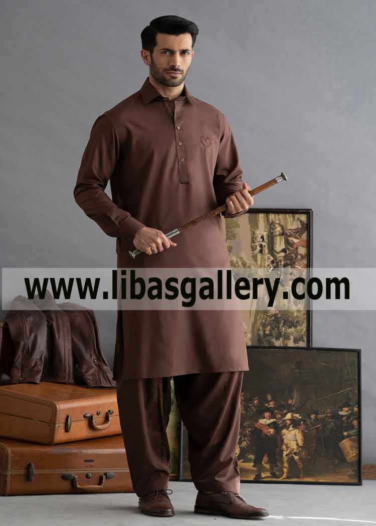 Heart Touching Brown Gents Shalwar Kameez Dress