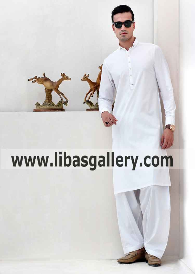 WHITE THREAD DETAILED KAMEEZ SHALWAR for Men Boy Sober Muslim outfit for Mehndi Dinner UK USA Canada
