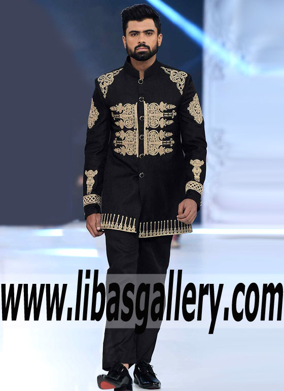 Black Raw silk indo western dull gold embroidery Sherwani for Groom nikah