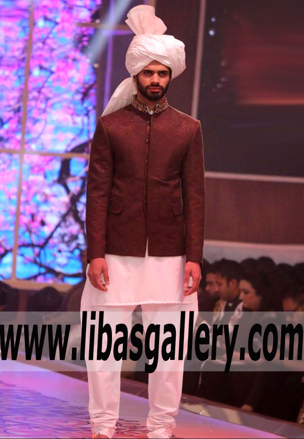 Jamawar burgundy mens Prince suit with embellished collar